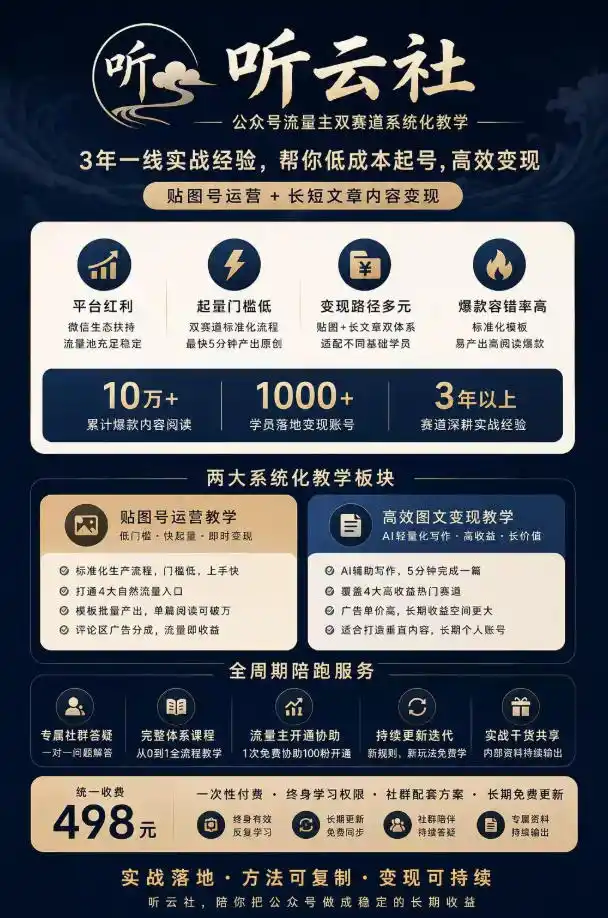 听云社公众号流量主双赛道系统化教学，3年一线实战经验，帮你低成本起号，高效变现，贴图号运营+长短文章内容变现-百盟网