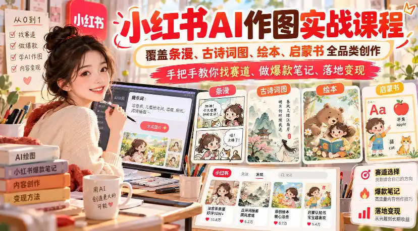 小红书AI作图实战课程，覆盖条漫、古诗词图、绘本、启蒙书全品类创作，手把手教你找赛道、做爆款笔记、落地变现(更新1009)-百盟网