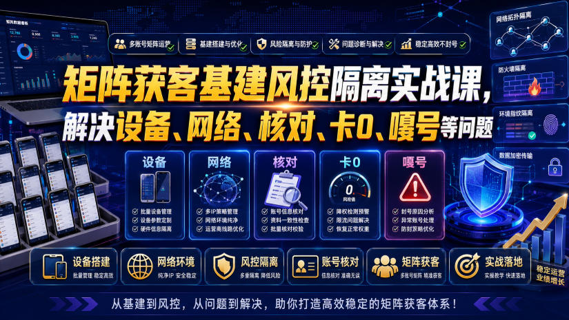 矩阵获客基建风控隔离实战课，解决设备、网络、核对、卡0、嘎号等问题-百盟网
