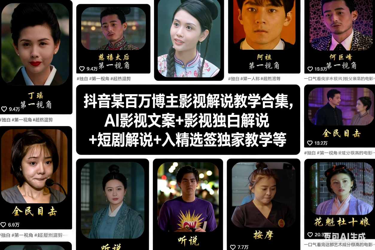 抖音某百万博主影视解说教学合集，AI影视文案+影视独白解说+短剧解说+入精选签独家教学等-百创网