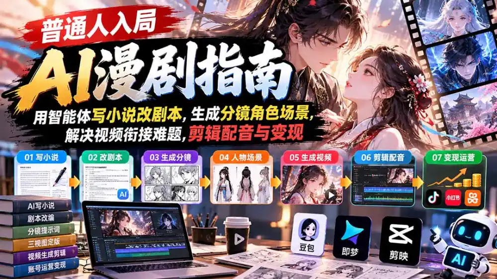 【无水印】普通人入局AI漫剧指南：用智能体写小说改剧本，生成分镜角色场景，解决视频衔接难题，剪辑配音与变现-百盟网