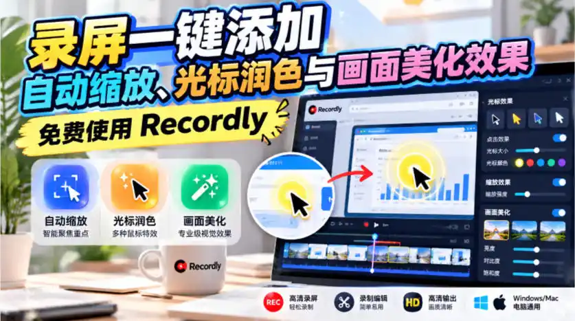 录屏一键添加自动缩放、光标润色与画面美化效果，免费使用Recordly-百盟网