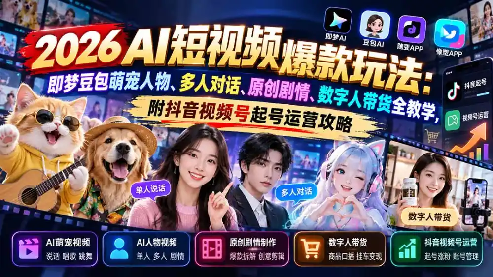 2026AI短视频爆款玩法：即梦豆包萌宠人物、多人对话、原创剧情、数字人带货全教学，附抖音视频号起号运营攻略-百盟网