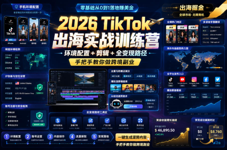 2026 TikTok出海实战训练营，环境配置 + 剪辑 + 全变现路径，手把手教你做跨境副业-百盟网