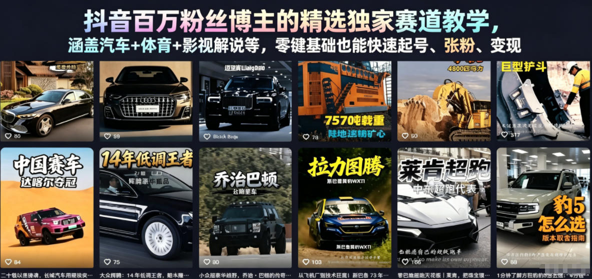 抖音百万粉丝博主的精选独家赛道教学，涵盖汽车+体育+影视解说等，零基础也能快速起号、涨粉、变现-百盟网