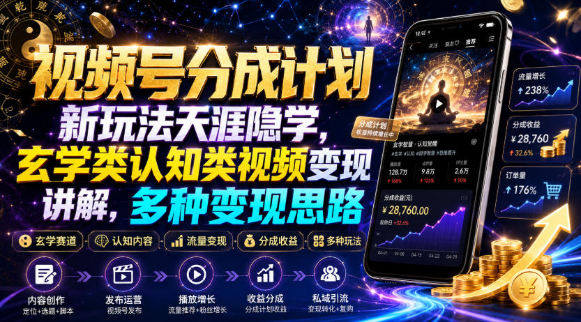 视频号分成计划新玩法天涯隐学，玄学类认知类视频变现讲解，多种变现思路-百盟网