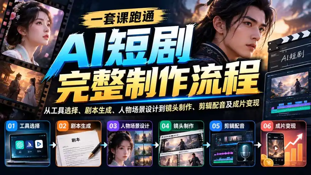 一套课跑通AI短剧完整制作流程：从工具选择、剧本生成、人物场景设计到镜头制作、剪辑配音及成片变现-百盟网
