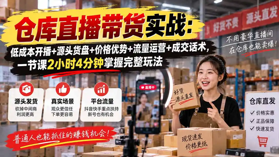 仓库直播带货实战：低成本开播+源头货盘+价格优势+流量运营+成交话术，一节课2小时4分钟掌握完整玩法-百盟网