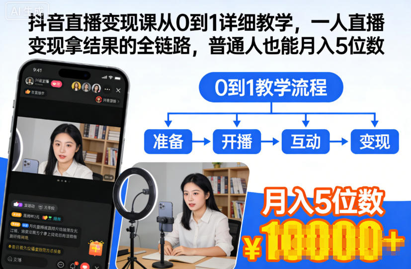 抖音直播变现课从0到1详细教学，一人直播变现拿结果的全链路，普通人也能月入5位数-百创网