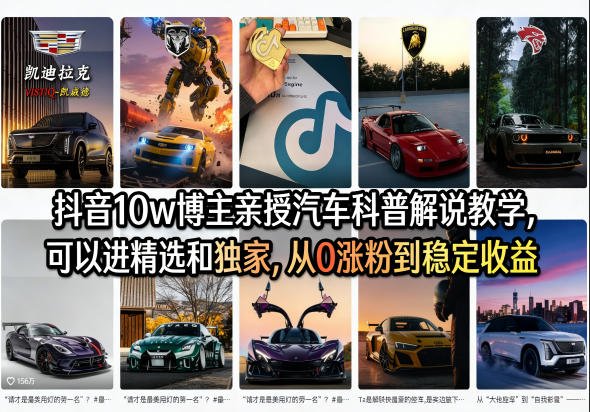 抖音10w博主亲授汽车科普解说教学，可以进精选和独家，从0涨粉到稳定收益(详细视频课程+1T素材)-百盟网