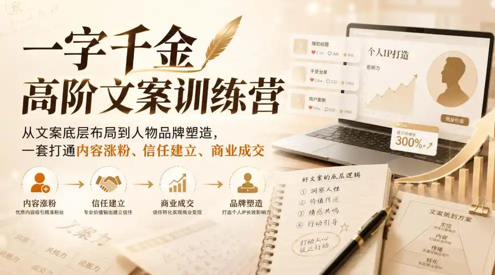 一字千金高阶文案训练营，从文案底层布局到人物品牌塑造，一套打通内容涨粉、信任建立、商业成交-百盟网