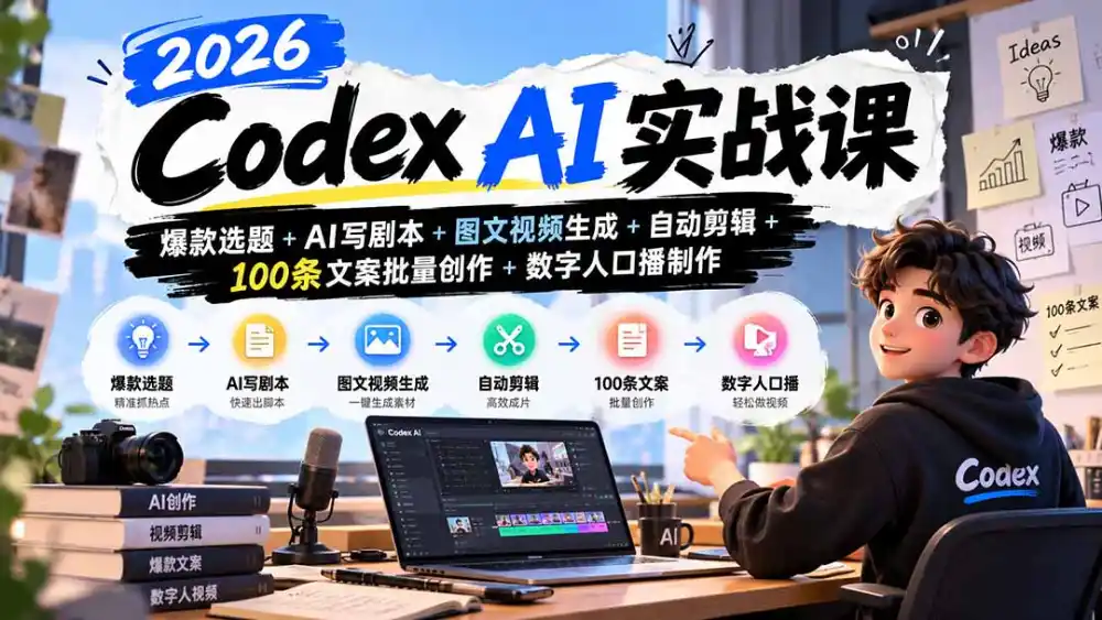 2026Codex AI实战课：爆款选题+AI写剧本+图文视频生成+自动剪辑+100条文案批量创作+数字人口播制作-百盟网