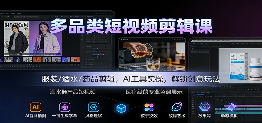 多品类短视频剪辑课:服装/酒水/药品剪辑,AI工具实操,解锁创意玩法-百创网