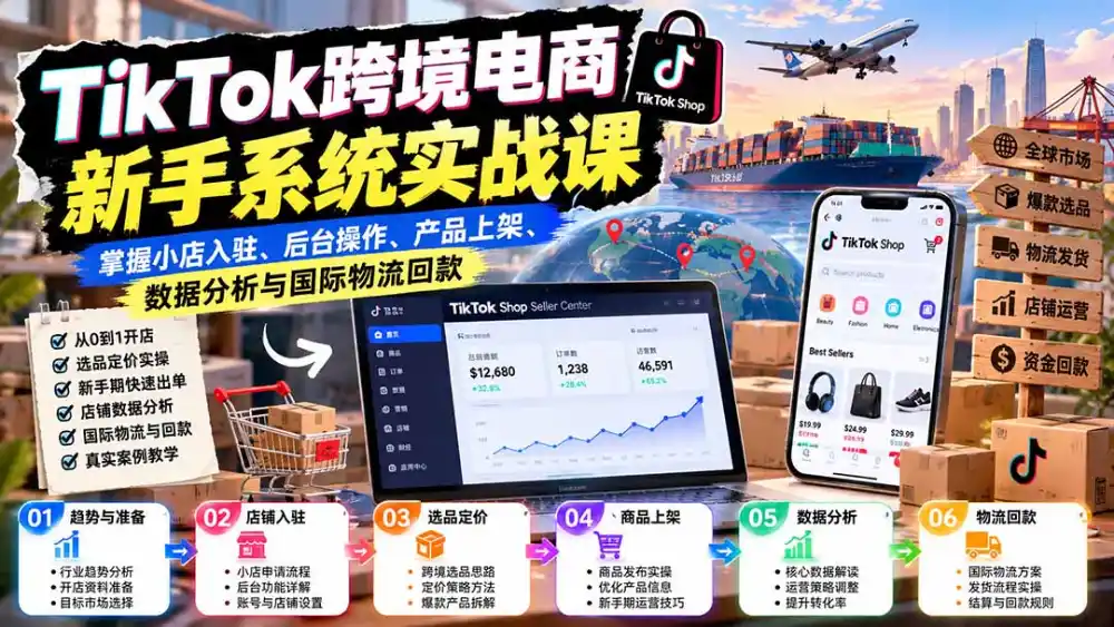 TikTok跨境电商新手系统实战课：掌握小店入驻、后台操作、产品上架、数据分析与国际物流回款-百盟网
