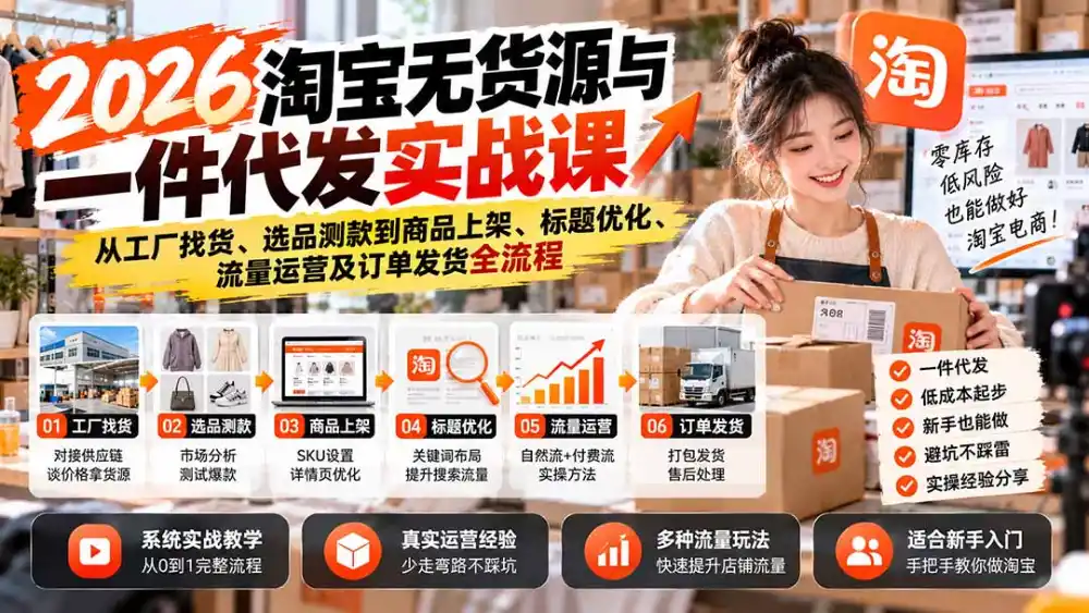 2026淘宝无货源与一件代发实战课：从工厂找货、选品测款到商品上架、标题优化、流量运营及订单发货全流程-百盟网