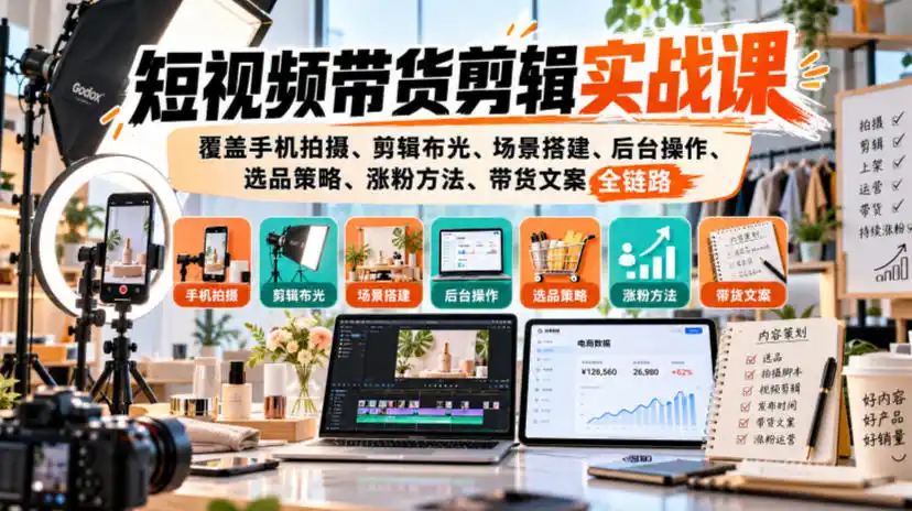 短视频带货剪辑实战课,覆盖手机拍摄、剪辑布光、场景搭建、后台操作、选品策略、涨粉方法、带货文案全链路 短视频带货剪辑实战课,覆盖手机拍摄、剪辑布光、场景搭建、后台操作、选品策略、涨粉方法、带货文案全链路