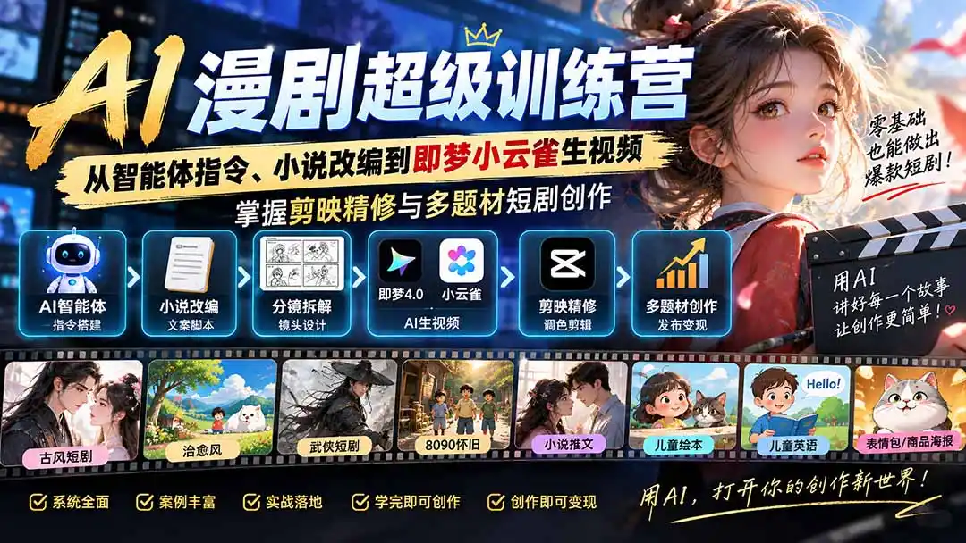 AI漫剧超级特训营：从智能体指令、小说改编到即梦小云雀生视频，掌握剪映精修与多题材短剧创作-百盟网