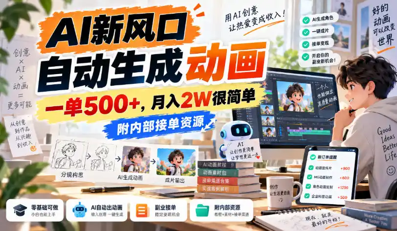 AI新风口，自动生成动画，一单500+，月入2W很简单，附内部接单资源【揭秘】-百盟网