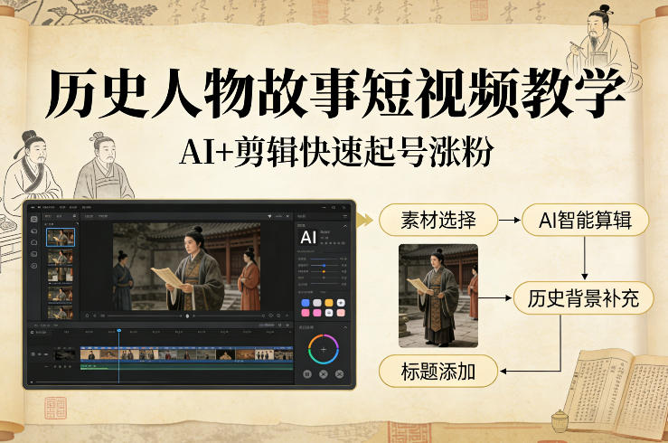 历史人物故事短视频教学，AI+剪辑制作历史人物题材短视频，快速起号涨粉-百盟网