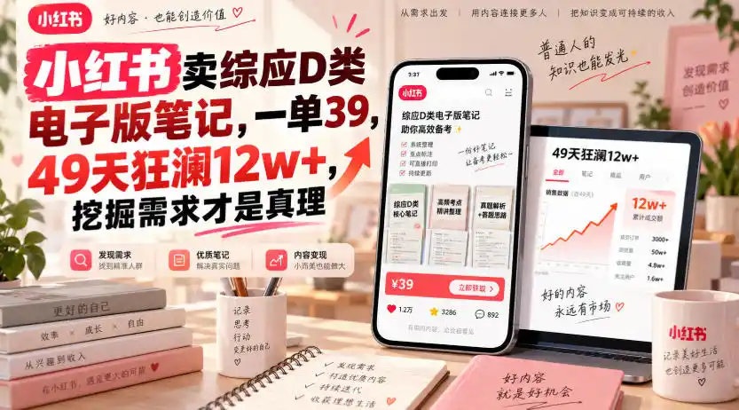 小红书卖综应D类电子版笔记,一单39,49天狂澜12w+,挖掘需求才是真理-百盟网