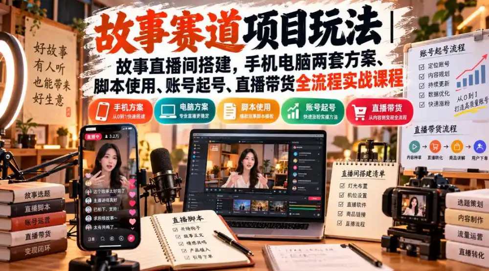 故事赛道项目玩法｜故事直播间搭建，手机电脑两套方案、脚本使用、账号起号、直播带货全流程实战课程-百盟网