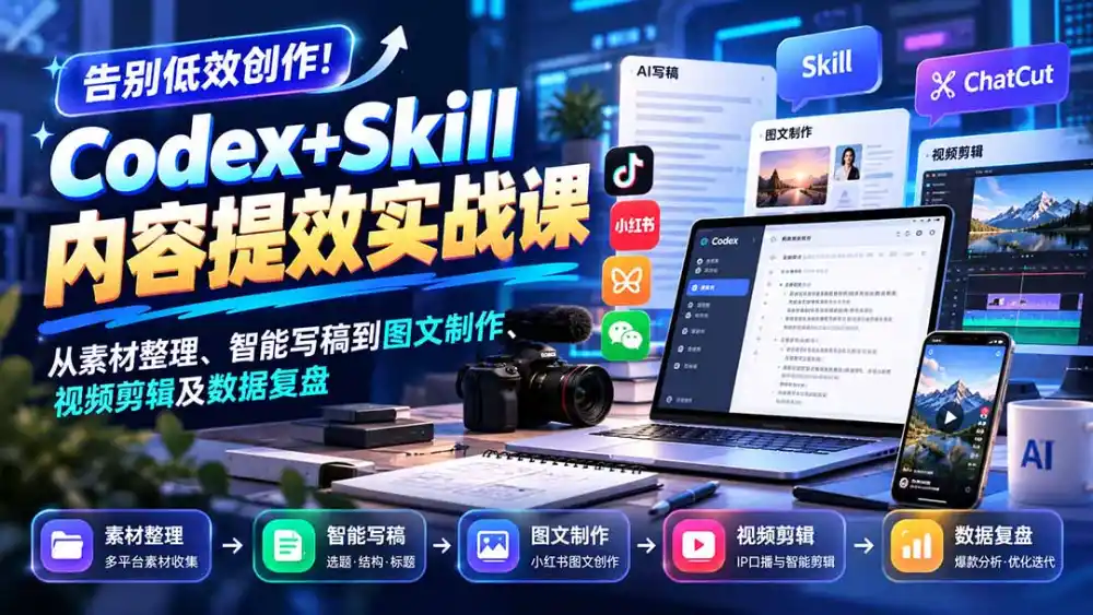 【无水印】告别低效创作！Codex+Skill内容提效实战课：从素材整理、智能写稿到图文制作、视频剪辑及数据复盘