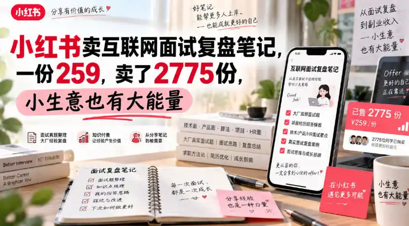 小红书卖互联网面试复盘笔记，一份259，卖了2775份，小生意也有大能量-百盟网