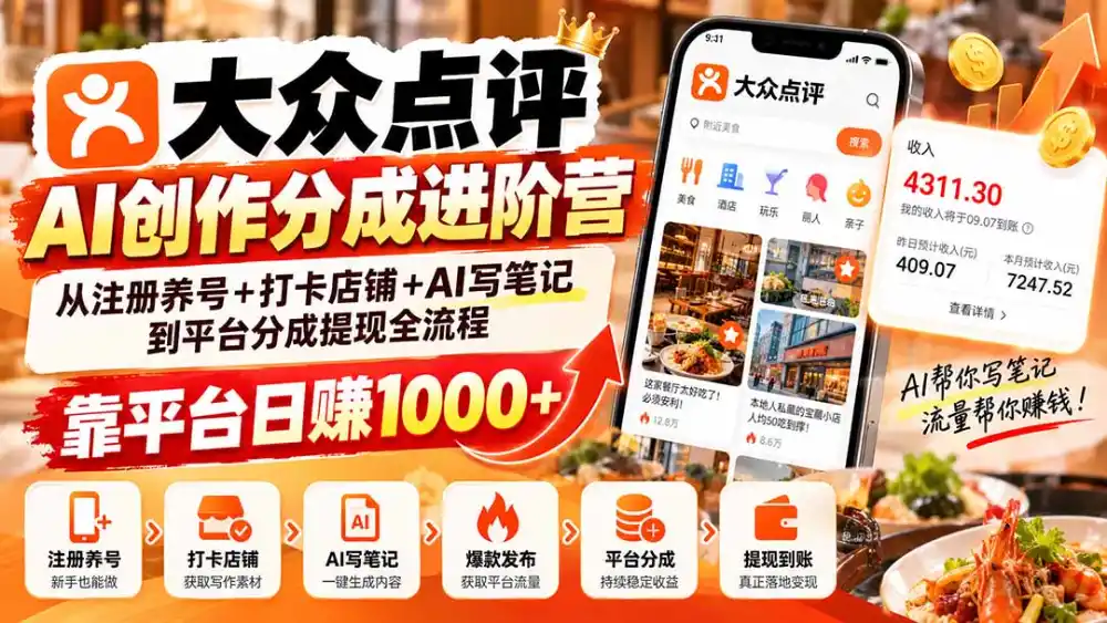大众点评AI创作分成进阶营:从注册养号+打卡店铺+AI写笔记到平台分成提现全流程,靠平台日赚1000+ 大众点评AI创作分成进阶营:从注册养号+打卡店铺+AI写笔记到平台分成提现全流程,靠平台日赚1000+