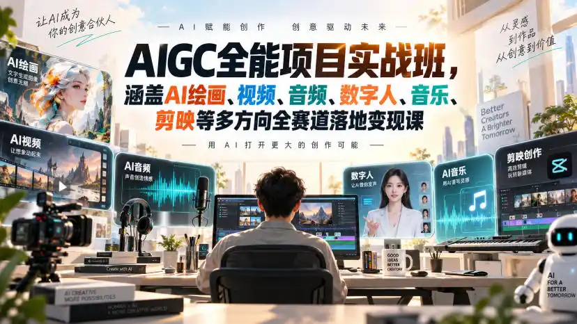 AIGC全能项目实战班,涵盖AI绘画、视频、音频、数字人、音乐、剪映等多方向全赛道落地变现课-百盟网