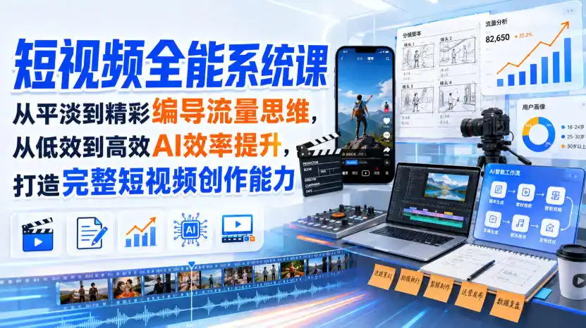 短视频全能系统课，从平淡到精彩编导流量思维，从低效到高效AI效率提升，打造完整短视频创作能力(2026年8月30更新233集)-百盟网