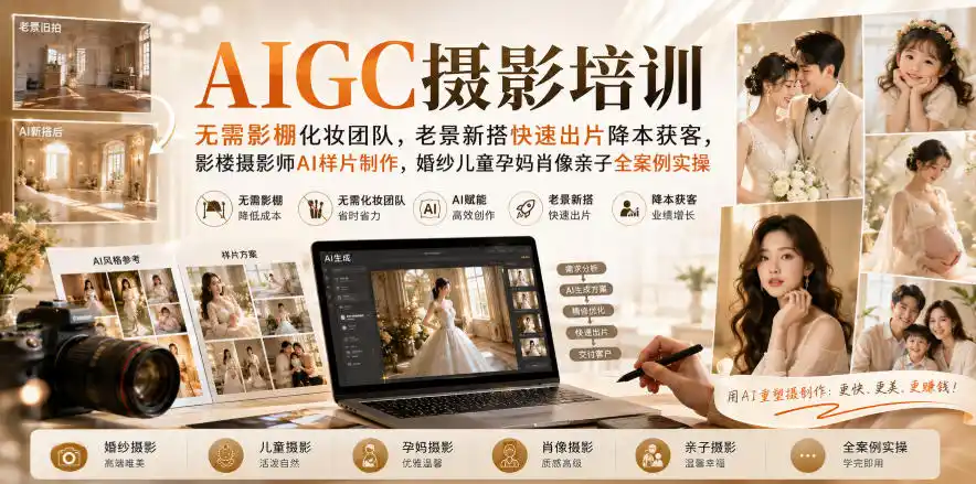 AIGC摄影培训|无需影棚化妆团队,老景新搭快速出片降本获客,影楼摄影师AI样片制作,婚纱儿童孕妈肖像亲子全案例实操 AIGC摄影培训|无需影棚化妆团队,老景新搭快速出片降本获客,影楼摄影师AI样片制作,婚纱儿童孕妈肖像亲子全案例实操