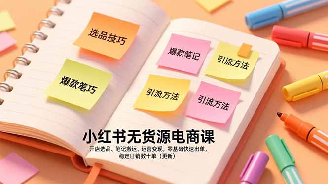 小红书无货源电商课，开店选品、笔记搬运、运营变现，零基础快速出单，稳定日销数十单(更新-百创网