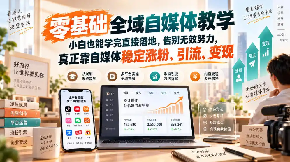 零基础全域自媒体教学，小白也能学完直接落地，告别无效努力，真正靠自媒体稳定涨粉、引流、变现-百盟网
