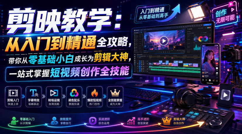 剪映教学：从入门到精通全攻略，带你从零基础小白成长为剪辑大神，一站式掌握短视频创作全技能-百盟网