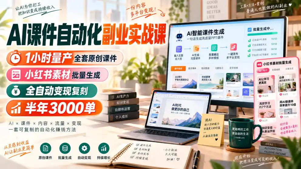 AI课件自动化副业实战课，1小时量产全套原创课件，小红书素材批量生成，全自动变现复刻，半年3000单