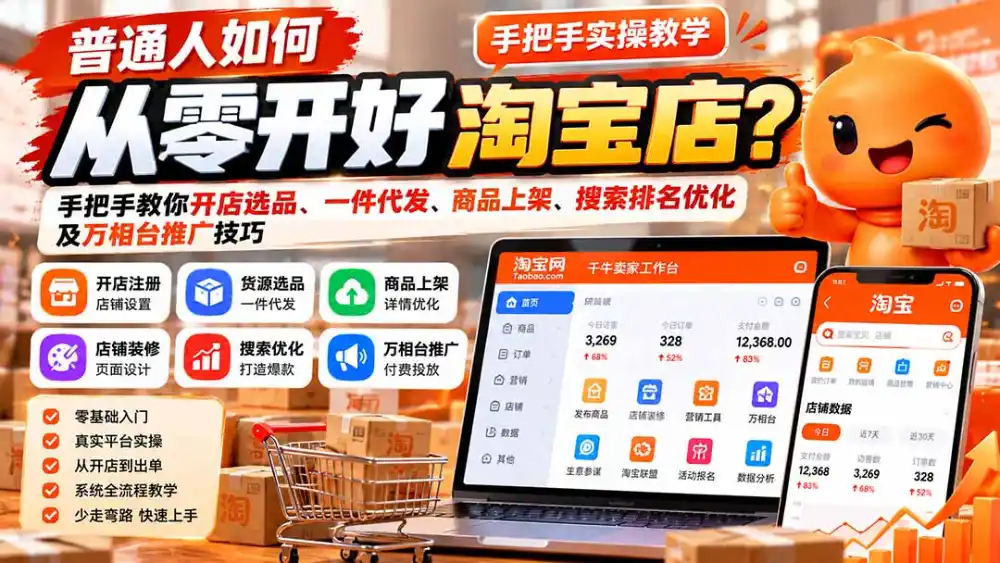 普通人如何从零开好淘宝店？手把手教你开店选品、一件代发、商品上架、搜索排名优化及万相台推广技巧-百盟网