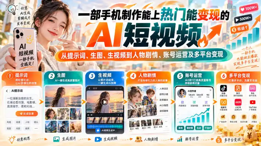【无水印】一部手机制作能上热门能变现的AI短视频，从提示词、生图、生视频到人物剧情、账号运营及多平台变现-百盟网