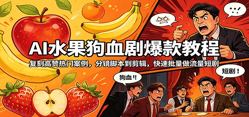 AI水果狗血剧爆款教程：复刻高赞热门案例，分镜脚本到剪辑，快速批量做流量短剧-百盟网