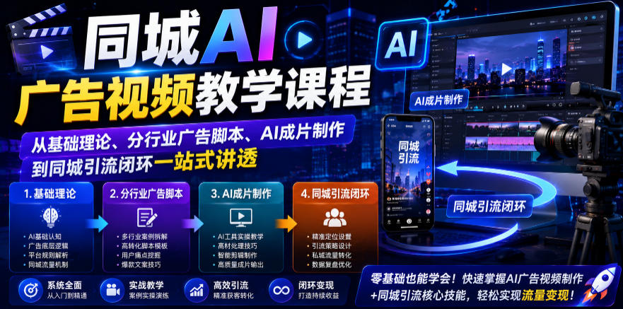 同城AI广告视频教学课程，从基础理论、分行业广告脚本、AI成片制作到同城引流闭环一站式讲透-百盟网