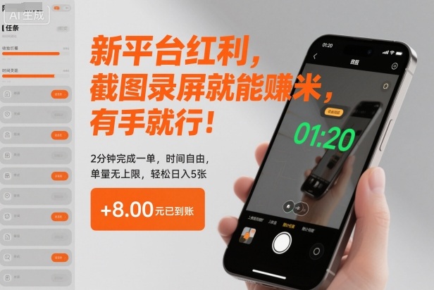 新平台红利，截图录屏就能賺米，有手就行！2分钟完成一单，时间自由，单量无上限，轻松日入5张【揭秘】-百创网