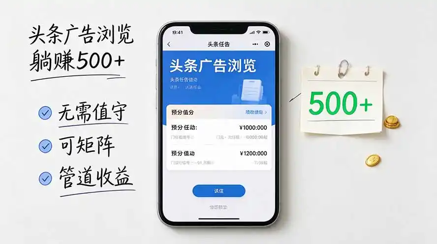头条广告浏览躺赚500+无需值守，可矩阵并附有管道收益-百盟网