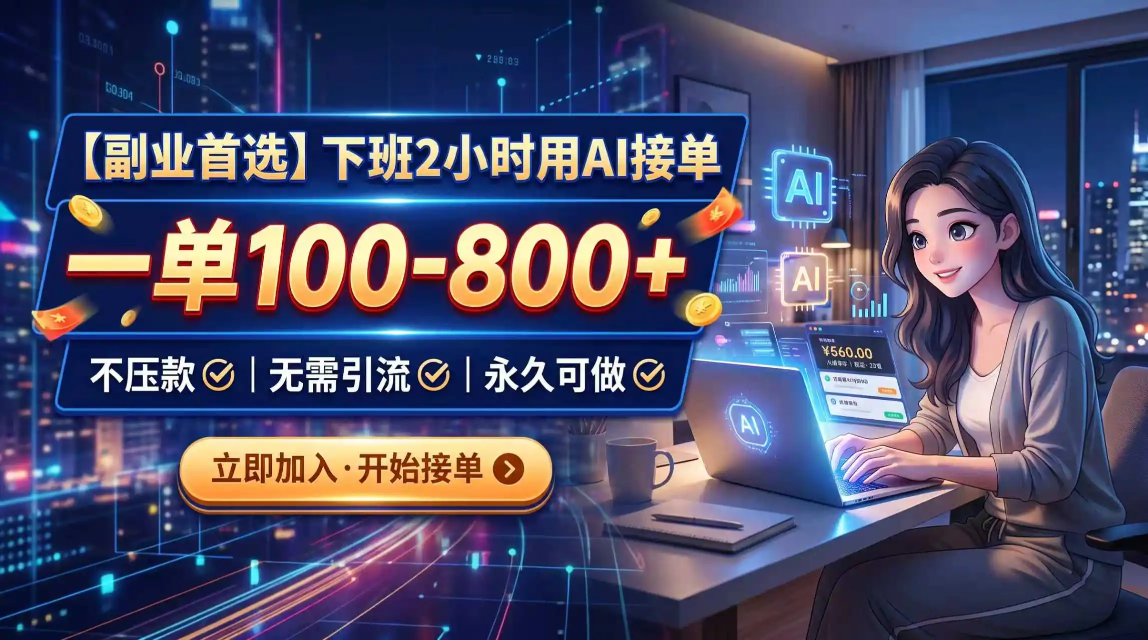 下班2小时用AI接单，一单100-800+，不压款，无需引流，永久可做-百盟网