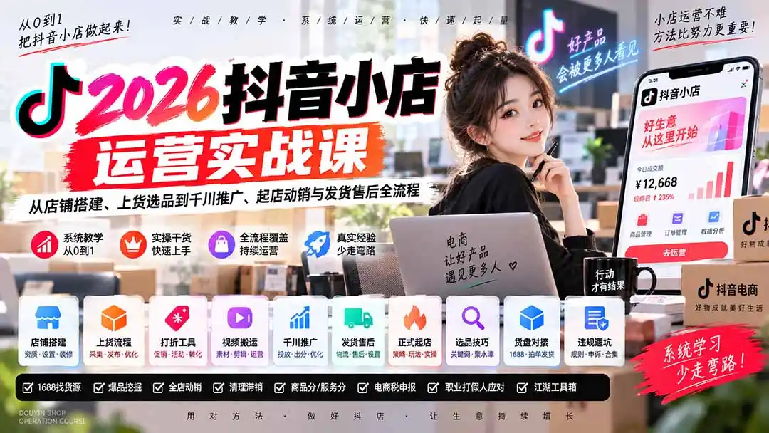 2026抖音小店运营实战课｜从店铺搭建、上货选品到千川推广、起店动销与发货售后全流程-百盟网