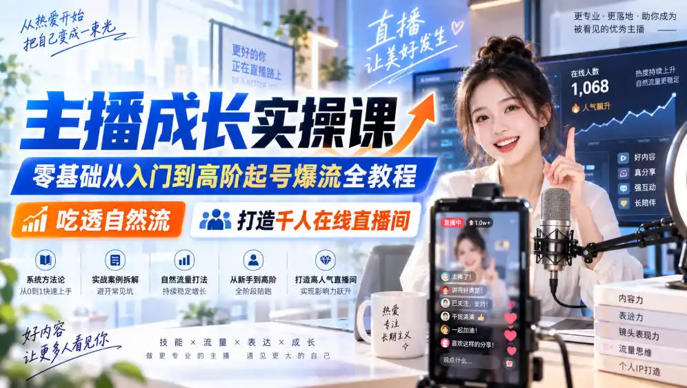 主播成长实操课｜零基础从入门到高阶起号爆流全教程，吃透自然流，打造千人在线直播间-百盟网