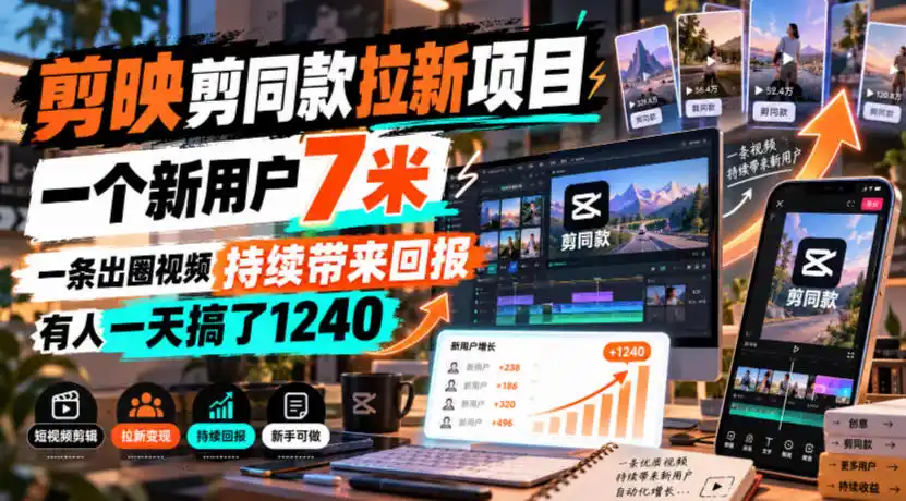 剪映剪同款拉新项目，一个新用户7米，一条出圈视频持续带来回报，有人一天搞了1240-百盟网