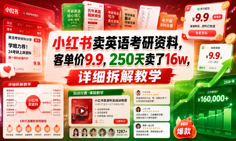 小红书卖英语考研资料,客单价9.9,250天卖了16w,详细拆解教学-百盟网