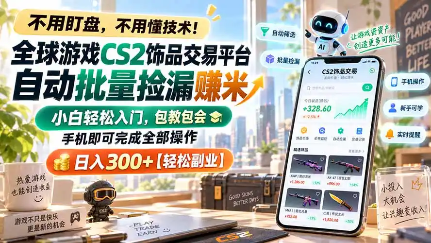 全球游戏CS2饰品交易平台自动批量捡漏赚米，小白轻松入门，包教包会，手机即可完成全部操作，日入300+【轻松副业】-百盟网
