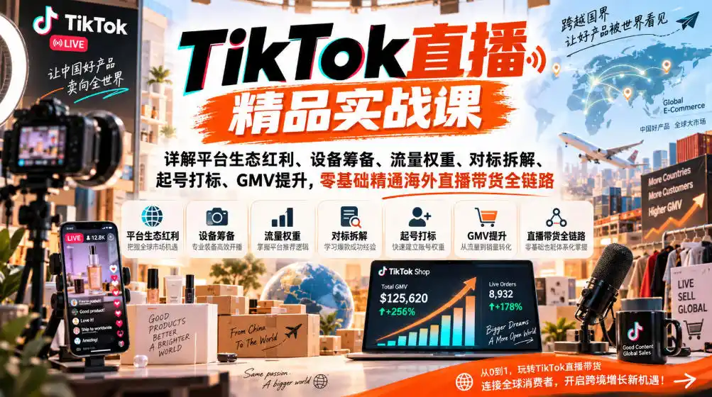 TikTok直播精品实战课，详解平台生态红利、设备筹备、流量权重、对标拆解、起号打标、GMV提升，零基础精通海外直播带货全链路-百盟网