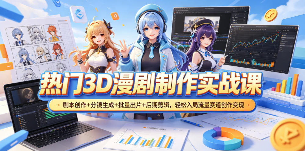 热门3D漫剧制作实战课，剧本创作+分镜生成+批量出片+后期剪辑，轻松入局流量赛道创作变现-百盟网