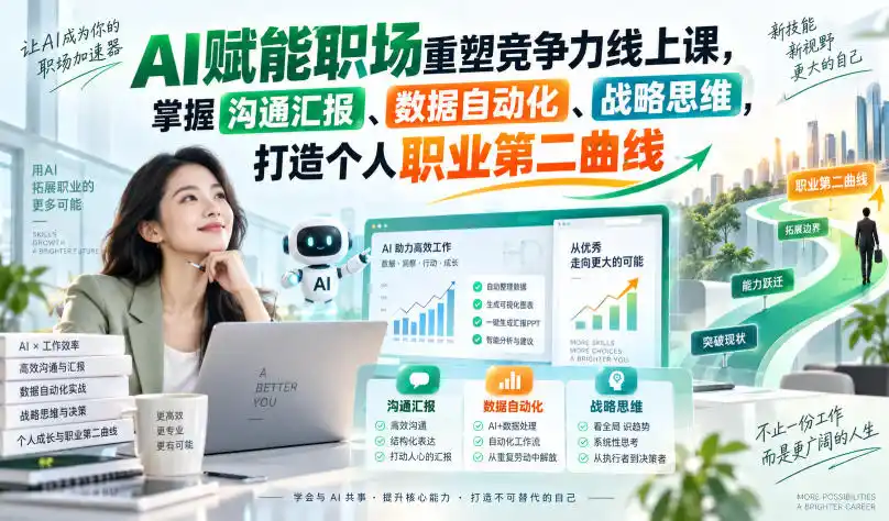 AI赋能职场重塑竞争力线上课，掌握沟通汇报、数据自动化、战略思维，打造个人职业第二曲线-百盟网